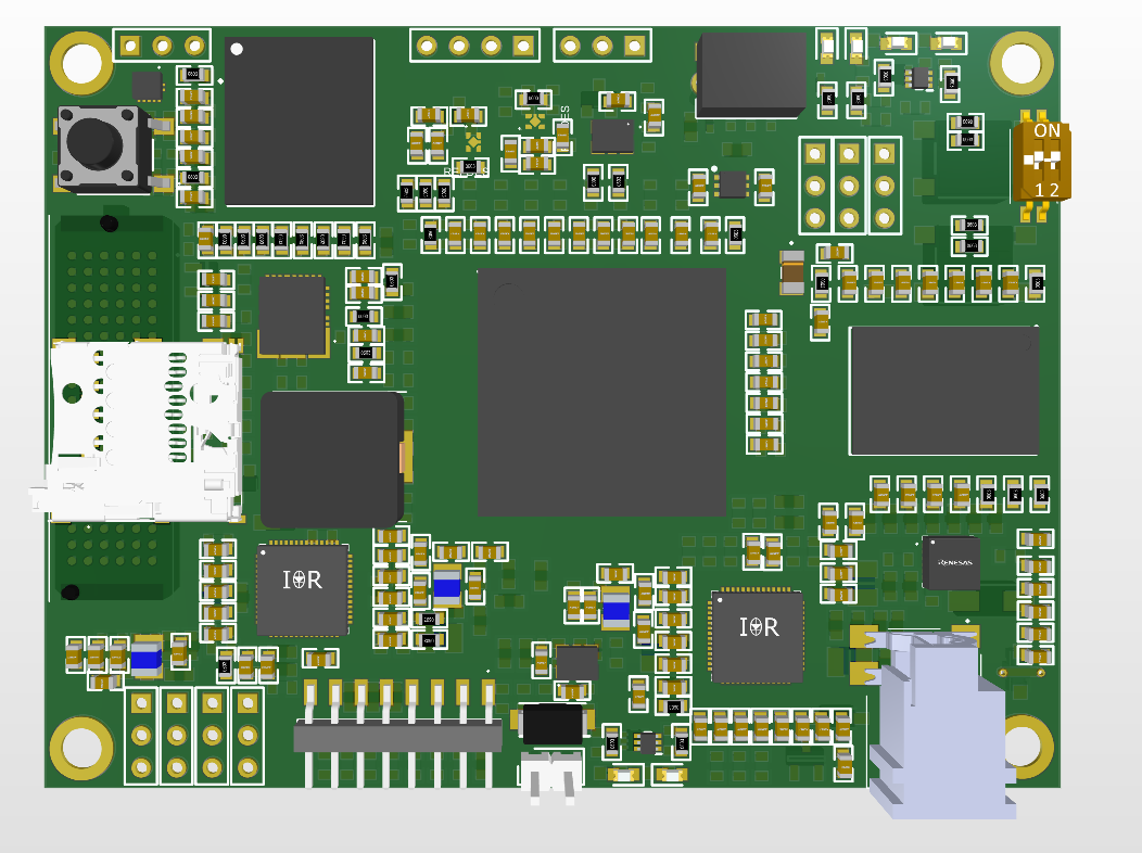 Green controller PCB render with components and labeled I/O